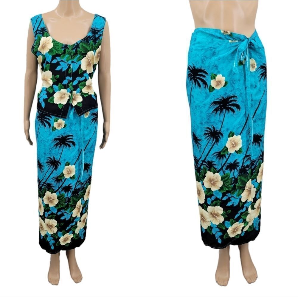 Thai Two Vintage Wrap Skirt and Tank Set Blue Tropical Hawaiian Women's